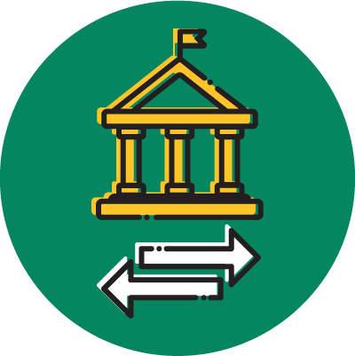 Icon of school with two arrows behind it, facing in opposite directions.